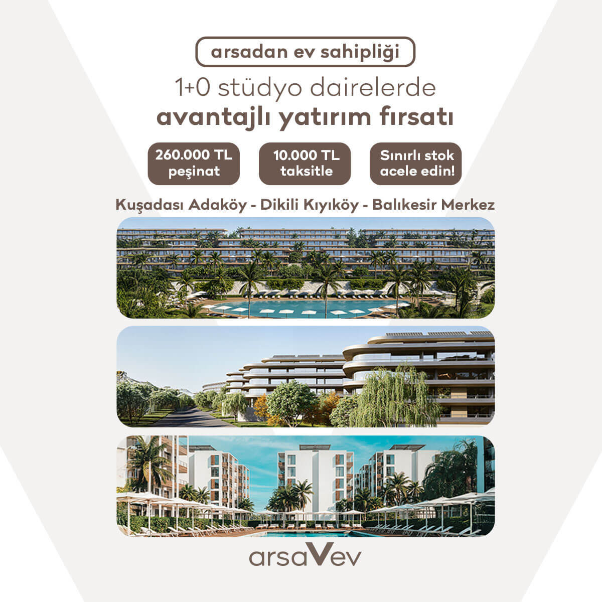 1+0 Stüdyo dairelerde 260.000 TL peşinat ve 10.000 TL taksitlerle avantajlı yatırım fırsatını yakalayın