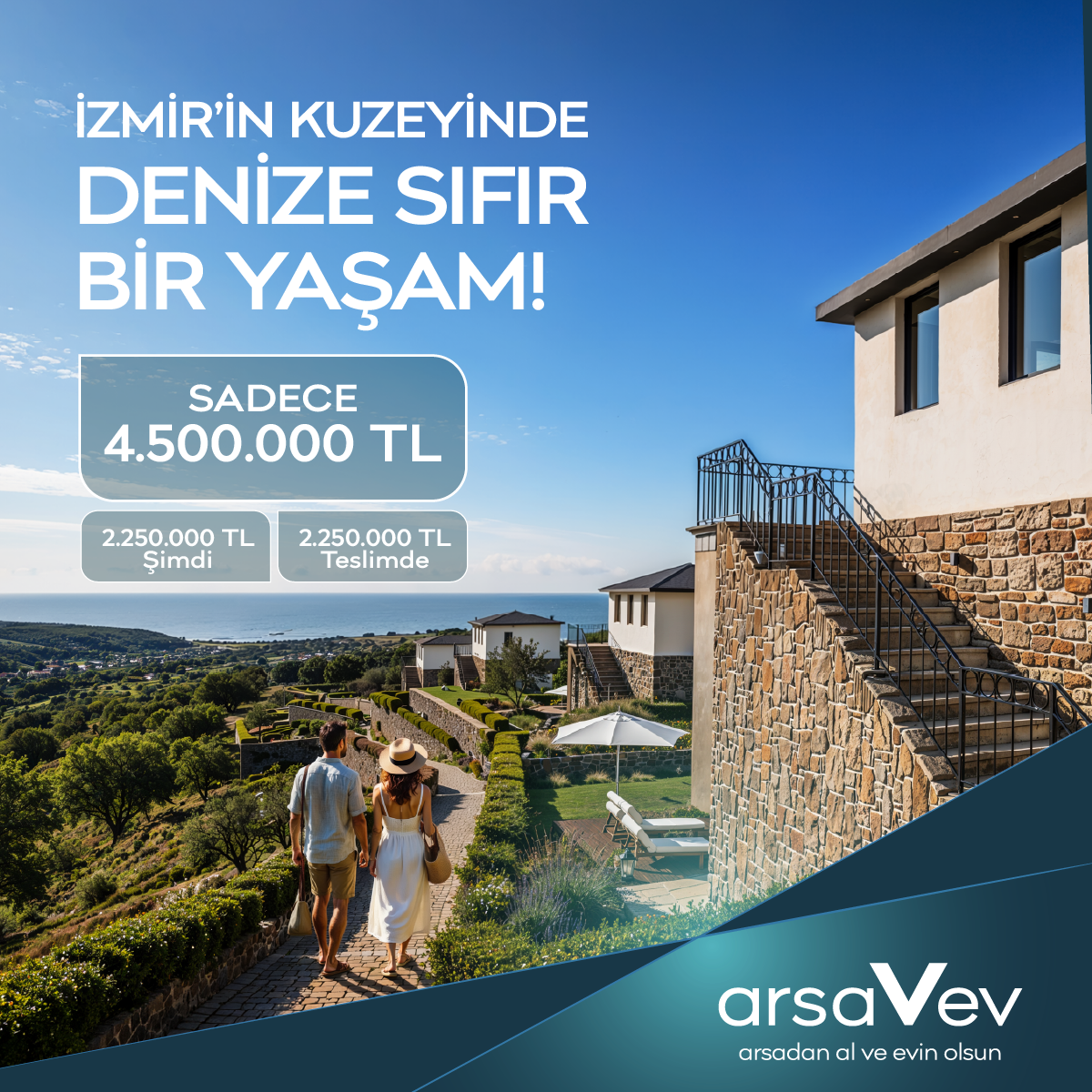 arsaVev Kuzey İzmir Projesi ile denize sıfır yaşayın! 2.250.000 TL peşin, 2.250.000 TL teslimde ödeme  imkanlarından yararlanmak ve sınırlı sayıdaki yaşam alanlarından birine sahip olmak için iletişim bilgilerinizi bırakın, sizi arayalım.